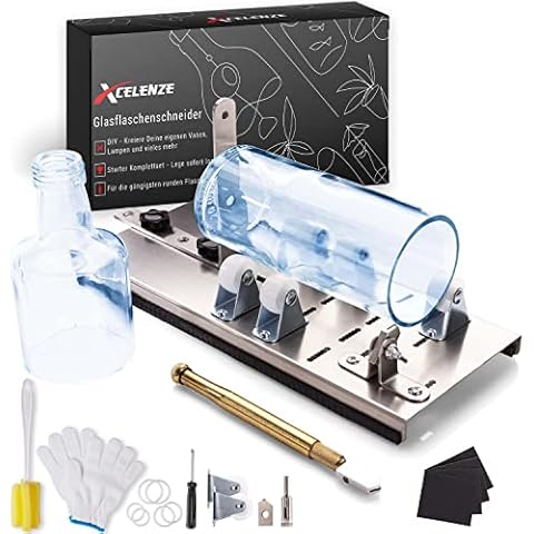 Xcelenze - Premium Glasschneider für Flaschen vormontiert zum sofortigen Starten für Anfänger und Profis | Flaschenschneider mit 5 verstellbaren Rädern für perfekte DIY Lampen, Kerzenständer Cover