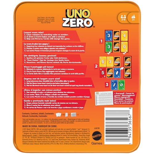 Mattel Games UNO Zero Kartenspiel in Aufbewahrungsdose zum Mitnehmen für Kinder, Erwachsene, Familienabende und Partys, enthält Kartenspiel und Punktekarte, 2 bis 8 Spieler, ab 7 Jahren, JLK16 – Bild 6