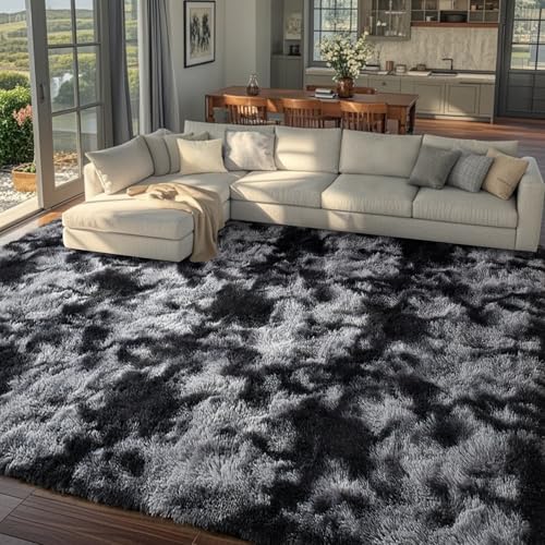 Area Rugs for Living Room 9x12 Black Grey Fluffy Rug,Super Fuzzy Fur Bedroom Carpet for Boys Dorm Office Nursery Modern Home Decor
