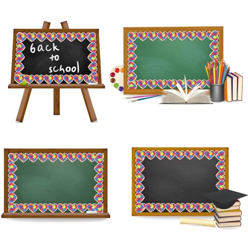 Image of Whaline 65.6Ft Colorful Puzzle Heart Bulletin Board Border Autism Awareness Die Cut Trim Border Roll for Back to School Classroom Chalkboard Decoration