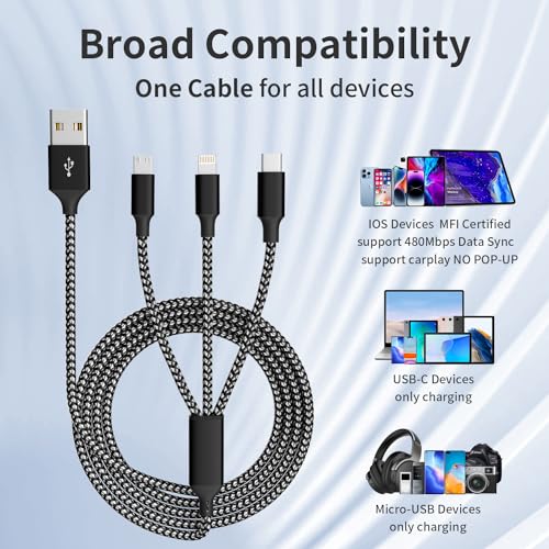 Firsting Multi Charging Cable,(2Pack 4FT) 3 in 1 Charging Cable for Multiple Devices, Nylon Braided Universal Charger Phone Charger Cord with Type-C,Micro USB,IP Port for iPhone16/15 Series/Phone&Pad by Firsting - Image 6