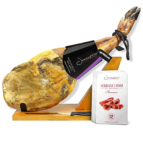 Iberico Ham (Shoulder) Grass-Fed Bone In 9.5-11Lb + Ham Stand + Knife & Premium Serrano Ham Sliced Dry-Cured (12Oz) - Cured Spanish Jamon With No Nitrates Or Nitrites All Natural - Gmo & Gluten Free #TOP23