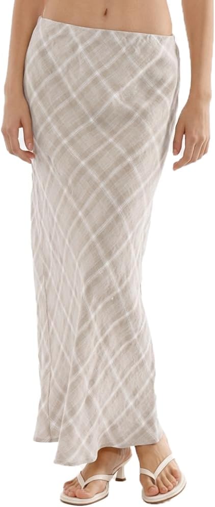 Amazhiyu Women's 100% Linen A-Line Plaid Midi Skirt Elastic Waist Summer Skirt