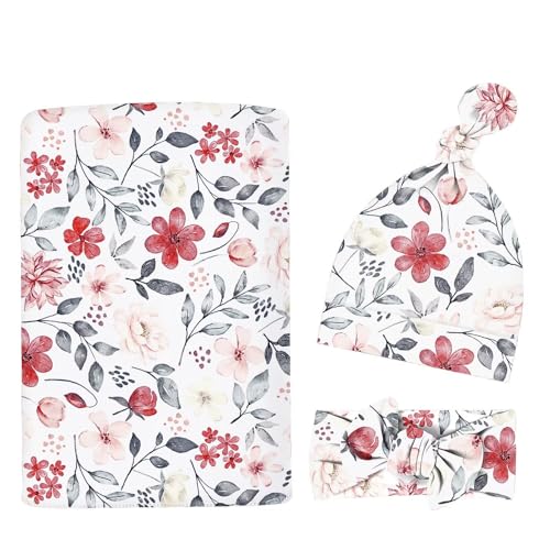 Image of Newborn Swaddle Set with Matching Headband Hat and Bow Set Floral Baby Girl Newborn Receiving Blankets Baby Swaddle Nursery Wildflower Baby Blanket