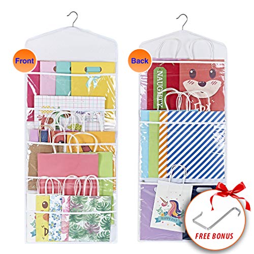 Propik Hanging Double Sided Gift Bag Storage Organizer With Multiple Front And Back Pockets - Organize Your Gift Wrap, Tissue Paper, And Paper Bags 38 X 16 Inch Pvc (White) #TOP7