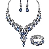 CSY Elegant Crystal Costume Jewelry Sets Flower Bridal Necklace Earrings Stretch Bangle Set for Bride Bridesmaid Wedding Dress Accessories (navy blue crystal)