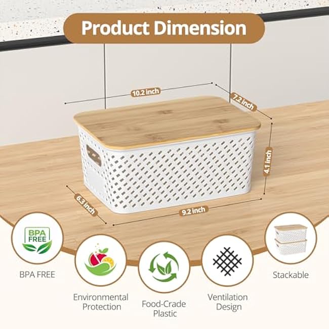 Plastic Storage Bins with Bamboo Lids, Stackable Small Box Baskets for Organizing and Containers for Shelves Drawers Desktop Closet Pantry Classroom Office Home, 6 Pack 10.2x7.2x4.1 Inch, White