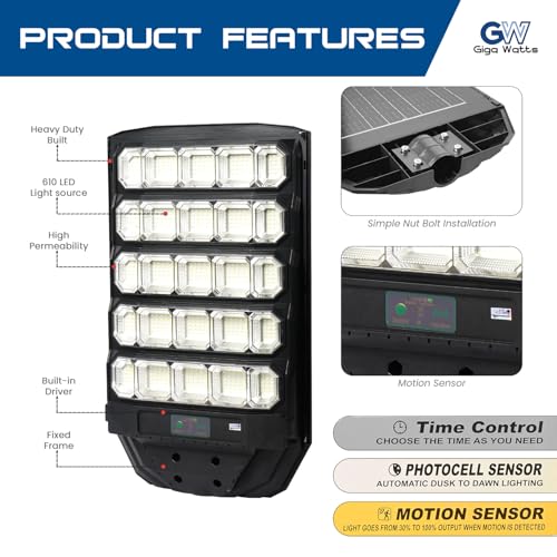 Image of Gigawatts 610 LED 300W Solar Street Light with Remote Control High Power 25Ah Battery Inbuilt 25W Solar Panel IP65 Water Resistant Outdoor Lamp for Wall Pathway Garden and Patio (1Pc, Cool White)