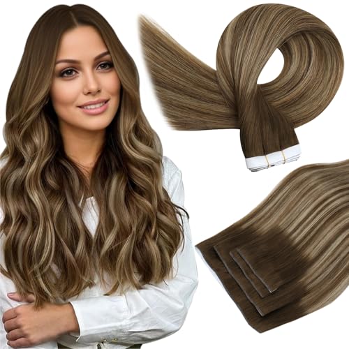 Image of Full Shine Genius Weft Hair Extensions, Medium Brown Honey Blonde 18 Inch | 90g 4 PCS, Invisible Tape in Hair Extensions Human Hair, Hand Tied Weft, Thin Base, Natural Movement, Wedding Hairstyles