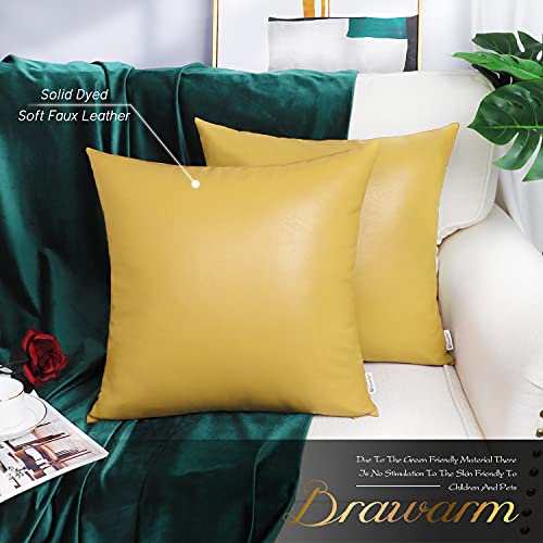 Image of BRAWARM Pack of 2 Cozy Throw Pillow Covers Cases for Couch Sofa Bed Solid Faux Leather Soft Luxury Cushion Covers Both Sides Home Decoration 16 X 16 Inches Primrose Yellow