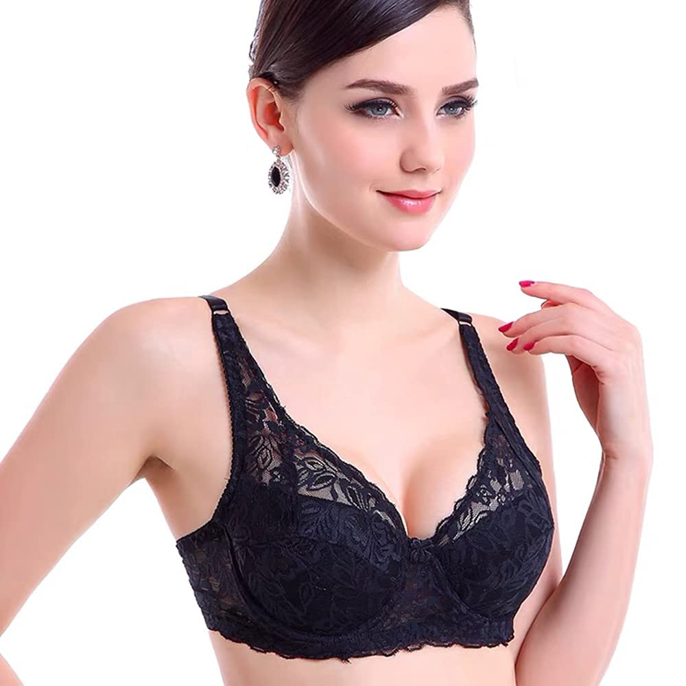 GANGCHENG Women's Sexy Floral Lace Plunge Bra Underwire Unlined Lingerie Bralette 32D Black