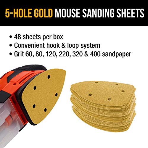 Dura-Gold Premium Mouse Detail Sander Sandpaper, 48 Assorted Grit Sanding Sheets - 60, 80, 120, 220, 320, 400-5 Hole Pattern Hook & Loop Triangle Mouse Discs - Woodworking Wood Crafting, Auto Paint #TOP3