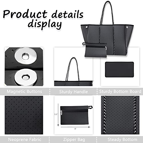 Neoprene Tote Bag, Beach Bag Waterproof Sandproof, Tote Bag for Women, Large Tote Bag with Portable Wallet for Beach, Swimming, Gym bag, Travel bag （Black)4