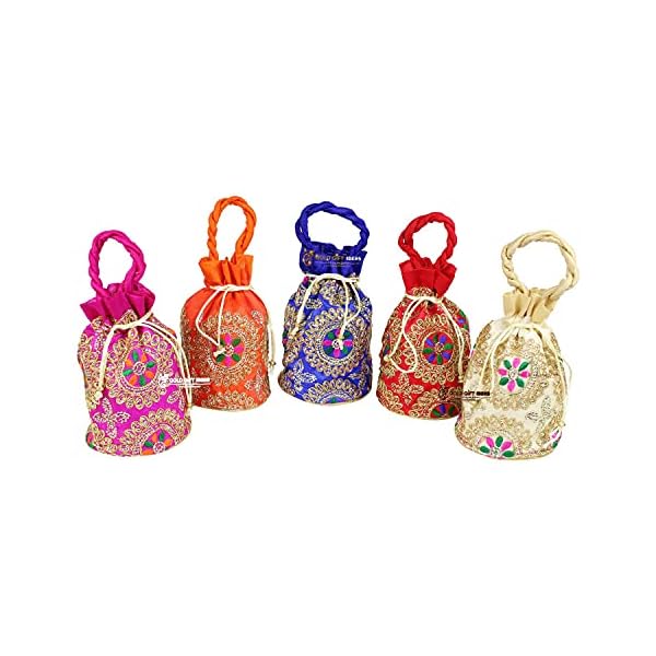 GoldGiftIdeas Flower Zari Embroidered Potli Bags for Ladies, Potli Pouches for Return Gifts, Shagun Potli Clutch, Potli Bags for Baby Shower (Set of 5)