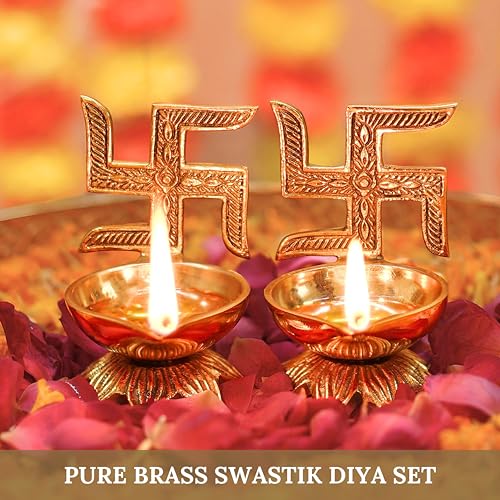 Image of Behoma 100% Pure Brass Swastik Diya Set of 2 for Puja | Traditional Handcrafted Brass Oil Lamp Diya for Home, Temple, Office, Pooja Room Decoration, Festive Rituals & Housewarming Gift Item