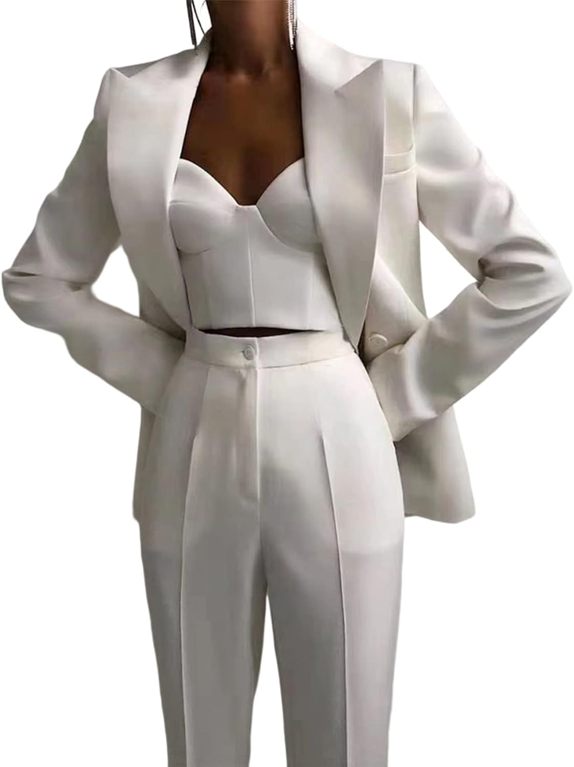 3-częściowa Damska Marynarka Elastyczna Talia Garnitur Damski Zestaw Garniturów Biurowych Odzież Robocza Solidny Garnitur Roboczy, White, S(Bust:94CM)