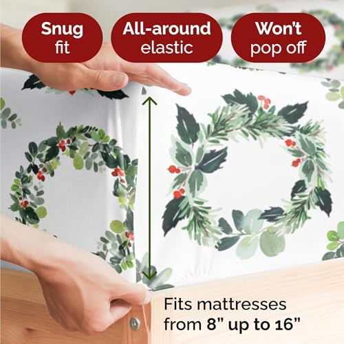 Full Christmas Holiday Wreath Sheet Set - Holiday Xmas Pattern Bedding Set - Deep Pockets - Snug Fit - 4 Piece - Wrinkle Free - Cooling Comfy Festive Winter Holiday Sheets for Women, Men, Kids & Teens