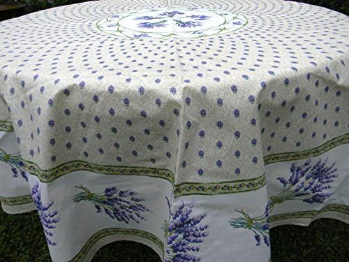 Le Cluny, Lavender Creme (Lavande, Cream) French Provence 100 Percent Coated Cotton Tablecloth, 72 Inches x 52 Inches