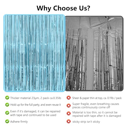 Image of Light Blue Tinsel Backdrop Curtains - Thicken 2 Pack 3.2 x 8.2 FT - Blue Streamers for Birthday, Frozen, Under the Sea, Pool, Beach, Ocean Themed Party Decorations