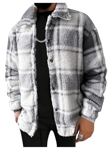 SOLY HUX Men's Plaid Fleece Jacket Button Down Collar Long Sleeve Fuzzy Fall Winter Warm Coat Outerwear