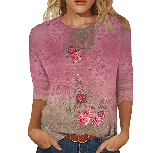 CGGMVCG Camisetas de verano para mujer, con estampado floral, holgadas, cuello redondo, manga 3/4, camisetas casuales de verano para mujer, hot pink, M