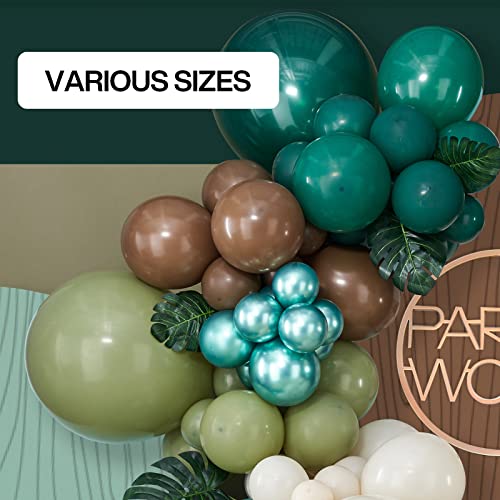 Image of PartyWoo Dark Green and Brown Balloon Arch Kit Garland 142pcs Different Sizes of 18 12 10 5 Inch Dark Sage Metallic Green Boho Brown White Sand Gold Balloons for Birthday Safari Party Decorations