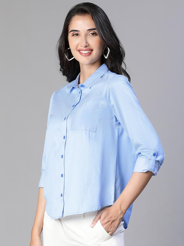 Image of oxolloxo Women Soild Collared with Chect Pocket Cotton Shirt