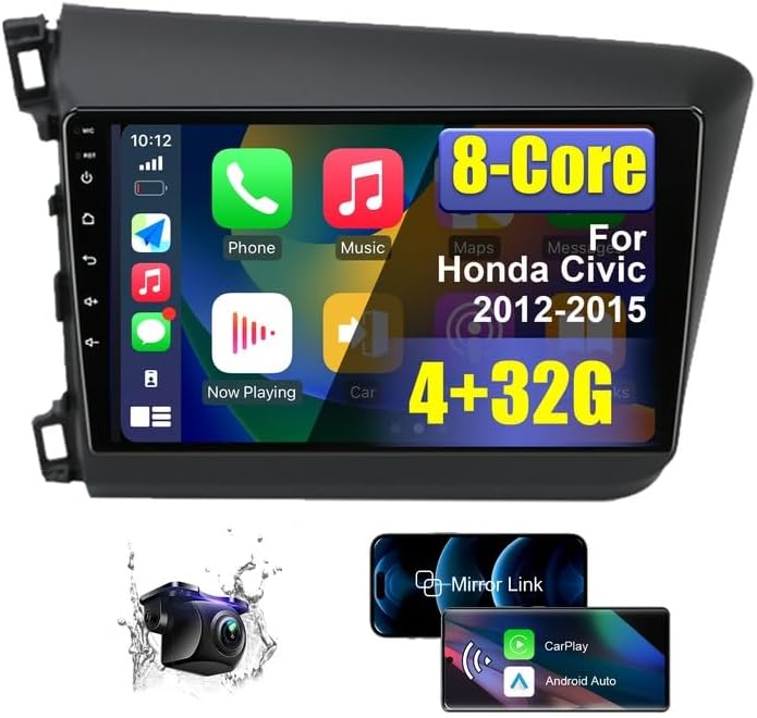 8 Core 4+32G Car Radio Stereo for Honda Civic 2012 2013 2014 2015 with Wireless CarPlay/Android Auto, 9 Inch HD Touchscreen Android Car Stereo with AM/FM/RDS Backup Camera Bluetooth WiFi GPS SWC
