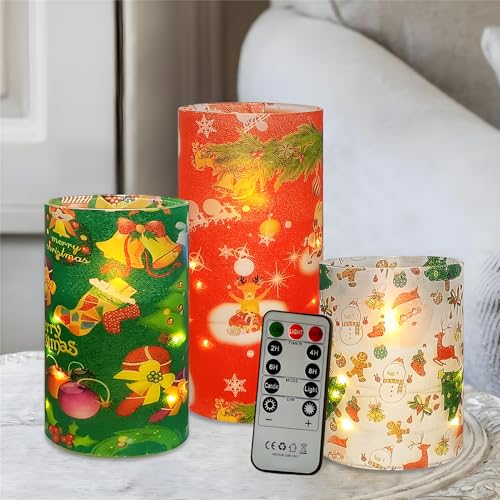 Image of Floral Flameless Candles with String Lights - 3pcs Battery Operated Candle Flickering Christmas LED Pillar Candles with Timer Remote for Home Decor Romantic Ambiance,CH