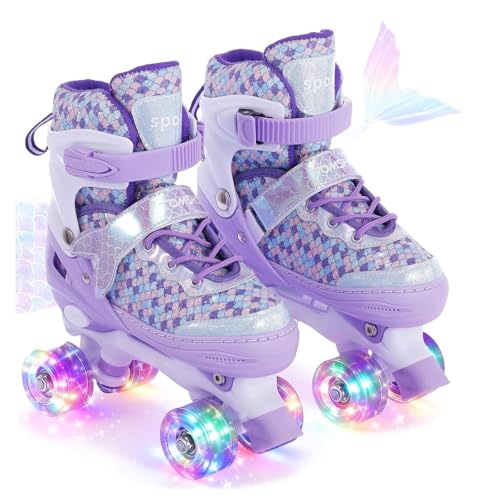 TOMSHOO Meerjungfrau Rollschuhe Kinder, Rollschuhe Mädchen Verstellbar, Kinder Rollschuhe mit 8 LED-Rädern und 4 Größen verstellbar, Sicher und Unterhaltsam, Rollschuhe für Mädchen, Anfänger