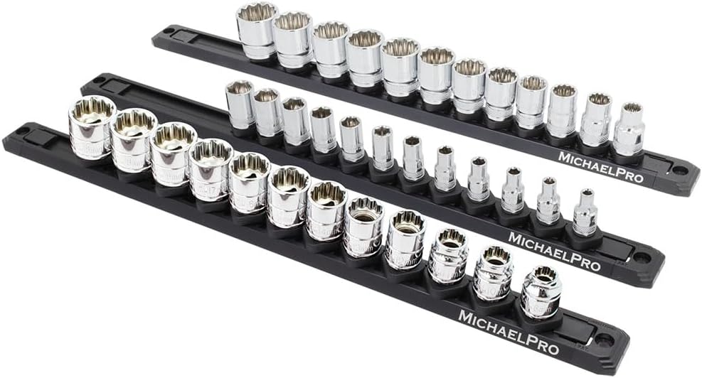 MichaelPro 3-Piece Quick Lock Magnetic Socket Organizer Rail Set- 1/4-inch, 3/8-Inch, and 1/2-Inch Drive Tool Socket Organizers, Hold 36 Sockets, Heavy Duty Aluminum Magnetic Socket Storage | MP014040