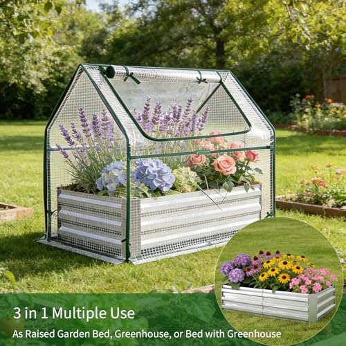 Miory Raised Garden Bed with PE Cover, 4x2.5x1 FT Galvanized Planter Box Outdoor with Mini Greenhouse, 2 Zippered Windows for Vegetables, Flowers, Includes Plant Labels & Gloves - Image 5
