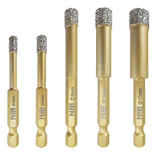 NBB Brazed Diamond Drill Bits with Hex Shank E6.3mm, Fast Connect, for Dry or Wet Drilling on Porcelain,Ceramic,Tile,Granite,Marble, for Corded or Cordless Pistol Drill or Bench Drill (5/6/8/10/12mm)