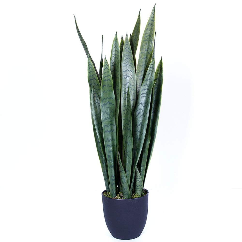 BQEE Artificial Sansevieria Snake Green Plant with Round Black Flowerpot, Green/Golden Color (Green)