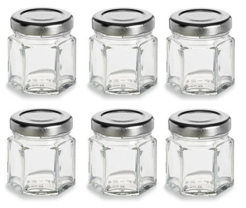 Nakpunar 6 pcs, 1.5 oz Mini Hexagon Glass Jars with Silver Lids