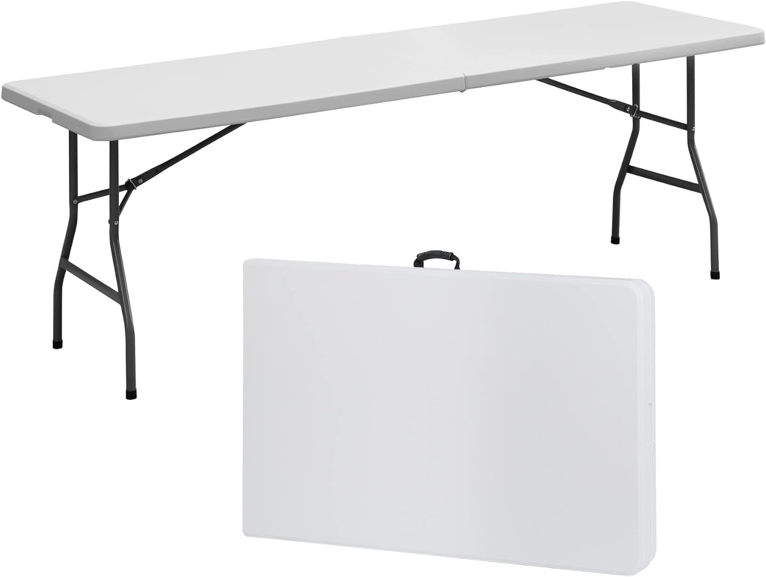 SIMPLI-MAGIC 8ft Portable Plastic Folding Table - Indoor & Outdoor Heavy-Duty Foldable Utility Table w/Handle for Party & Camping (White)