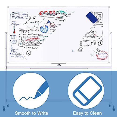 Double Sided Rolling Whiteboard, 72 x 40 Large White Board with Stands, 360° Reversible Magnetic Dry Erase Board on Wheels for School, Classroom, Office