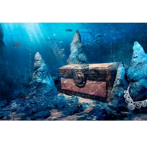Image of Underwater Aquarium Background Aquarium Backdrop Treasure Chest with Bright Gold Treasure Box Adventurous Water Wealth Pirate Fish Tank Background Decor Vinyl 48x18in