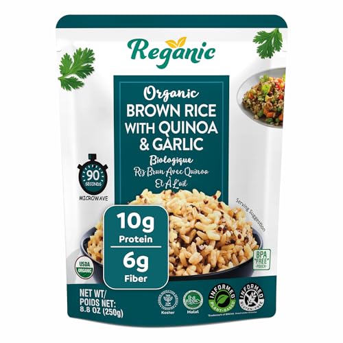 Image of Reganic Organic Brown Rice with Quinoa & Garlic Pouch, USDA Organic, Nutty & Wholesome Blend, 100% Recyclable Pouch, 10g Protein, 6g Fiber, Ready in 1 Minute, Gluten-Free Vegan Non-GMO, Microwave Pouch, Healthy Quick Side Dish 8.8 oz Pack of 6