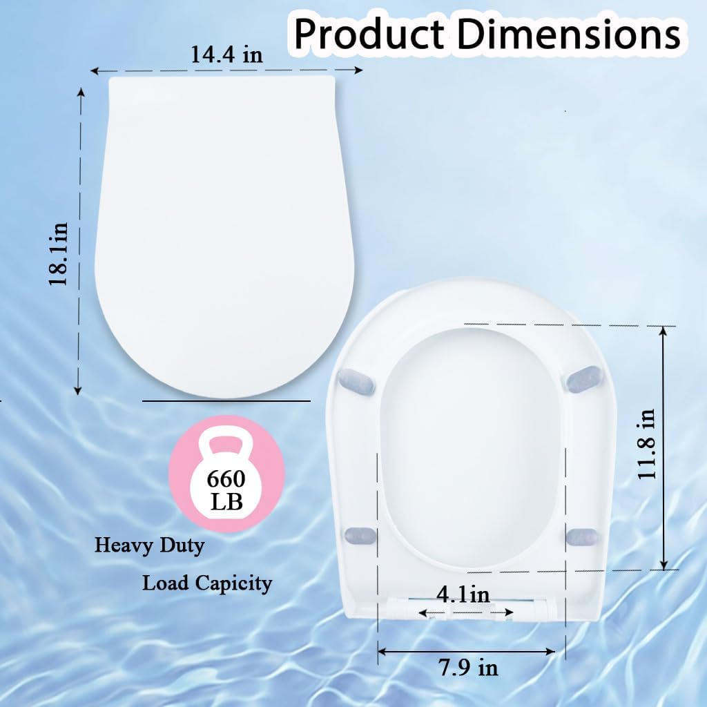 MinSha D-shaped/U-shaped toilet seat, 17 x 14 inches, soft close silent cover, heavy-duty PP material, quick release, easy to clean, suitable for U-shaped extended toilet seat