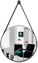 Espelho Adnet Redondo Decorativo 23cm Com Alça De Couro Reforçado e Suporte Para Escritório Banheiro Hall (Preto)