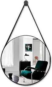 Espelho Adnet Redondo Decorativo 23cm Com Alça De Couro Reforçado e Suporte Para Escritório Banheiro Hall (Preto)