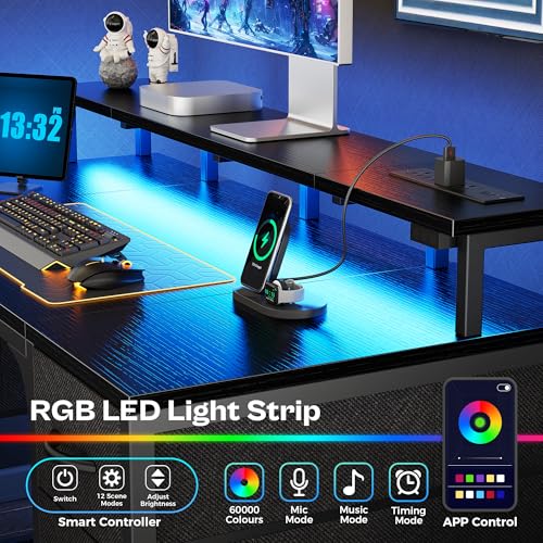 Image of Huuger 63 inch Computer Desk with 4 Drawers, Gaming Desk with LED Lights & Power Outlets, Home Office Desk with Large Storage Space for Bedroom, Work from Home, Black