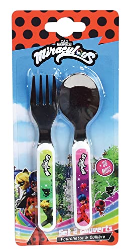 FUN HOUSE 006084 Miraculous Set di POZZETTI COMPRENSIVO di FORCHETTE E SPAZZOLINO H.13,5 X L.3 CM, Plastica Acciaio Inossidabile