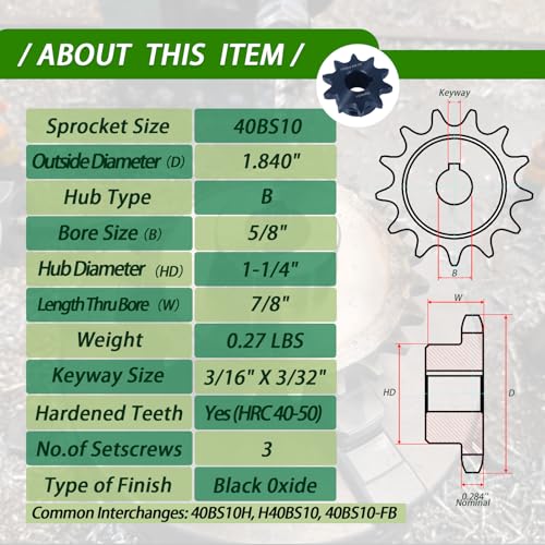 Image of #40 Roller Chain Sprocket 10 Tooth 5 /8 inch Bore (3 /16 inch Keyway) Black Oxide Rust-Proof with 3 Set Screws & Keyway for Mini Bike Go-Kart Clutch, Hardened 1045 Steel 40BS10-5 /8