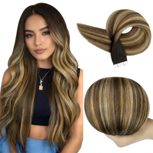 Full Shine Tape In Hair Extensions Human Hair, Dark Brown Caramel 12 Inch