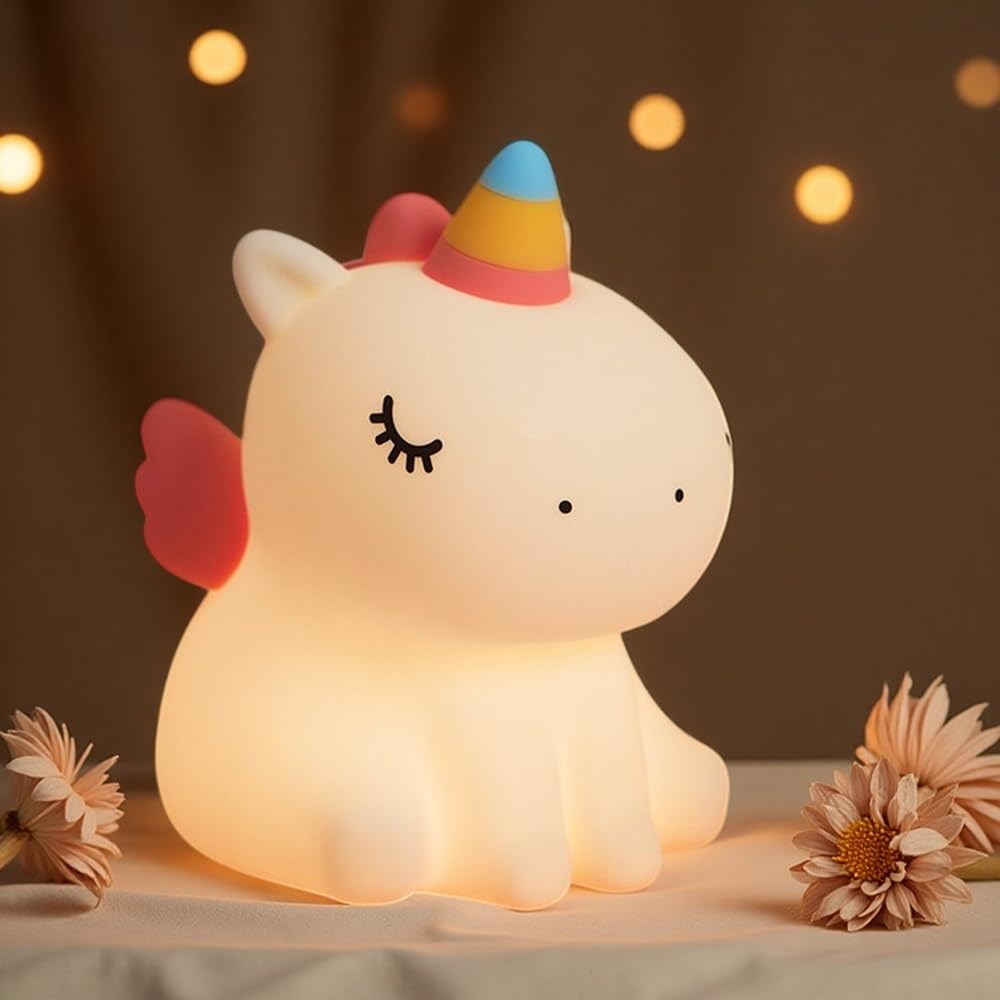 One bird Unicorn Night Light for Kids Girls, Squishy Food-Grade Silicone Squeeze to Switch, Rechargeable Type-C Nursery Bedside Lamp, Birthday Gift for Girls Bedroom