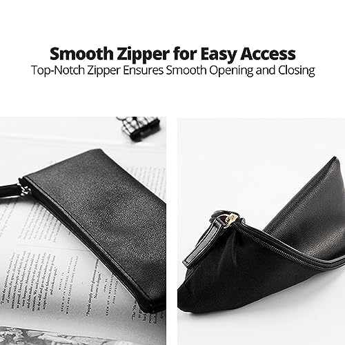 Image of Black Pencil Case Pen Pouch for Purse PU Pen Case Small Black Pouch with Zipper for Travel Toiletries and Accessories Slim and Stylish Pouch for Women Pens Markers Makeups Change Pouch