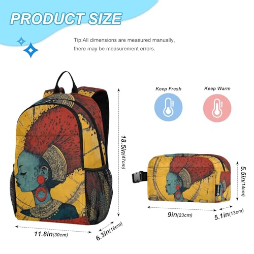 Travel Backpack Lunch Bag Set for Hiking Picnic, Backpacks with Insulated Lunch Box Africa Beauty Woman Print2