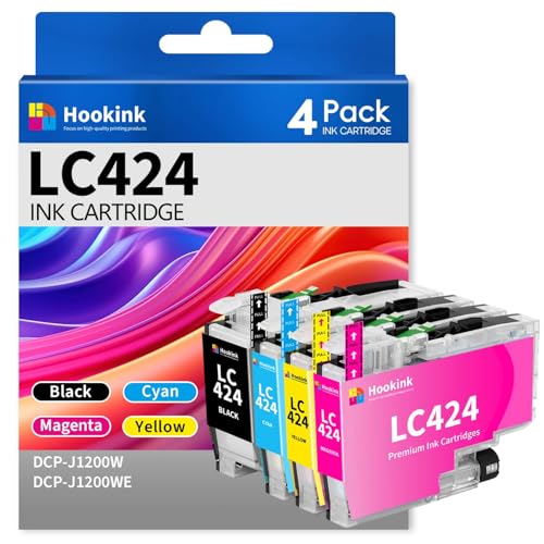 Hookink LC424 LC-424 Cartucho de Tinta Compatible para Tinta Brother LC424 Multipack para Brother DCP-J1200W DCP-J1200WE Impresora (1 Negro, 1 Cian, 1 Magenta, 1 Amarillo, Paquete de 4)